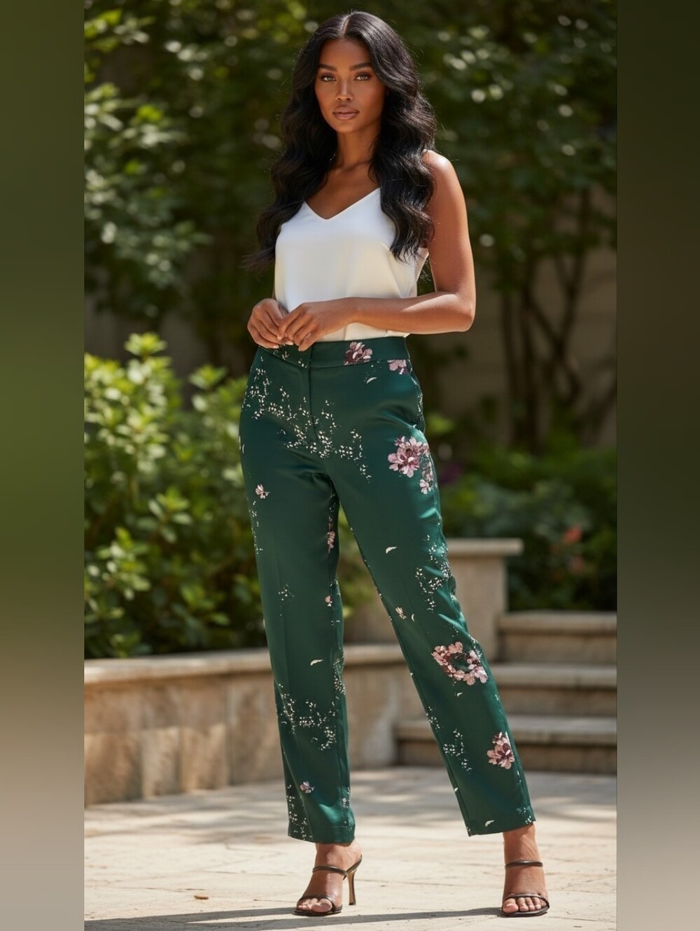 Carolina Belle Emerald Green Floral Print Cropped Ankle Pants Size 14